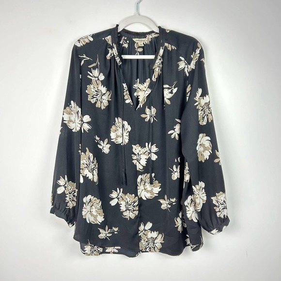 Lucky Brand Black Tan Floral Tassel Dressy Blouse Plus Size 2X - Picture 1 of 7